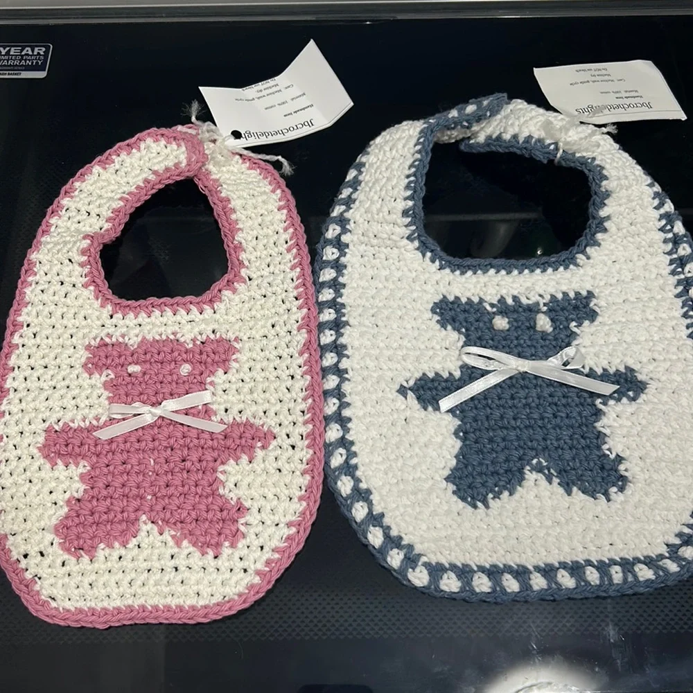 Handmade fraternal twins matching baby Bear bibs Crochet knitted boy and girl